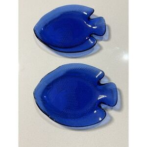 Vtg Cobalt Blue Glass Fish Shaped 6.5" Plate Arcoroc France Set Of 2